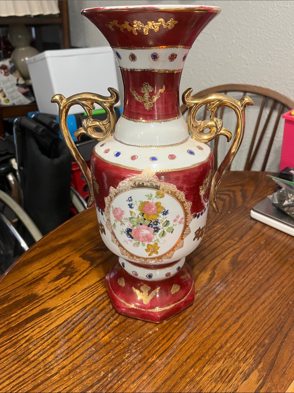 Vintage Red, White and Gold Floral Porcelain Vase with Ornate Handles - Picture 1 of 8